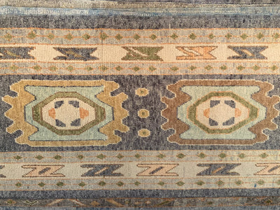 Center of a blue & green Turkish runner rug.
