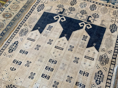 A blue & green small Sivas Turkish Rug.