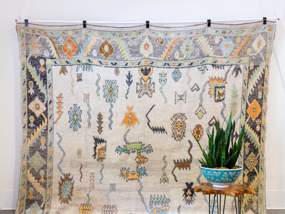 Hanging extra large brown & grey Turkish Oushak rug with mother in laws tongue plant.